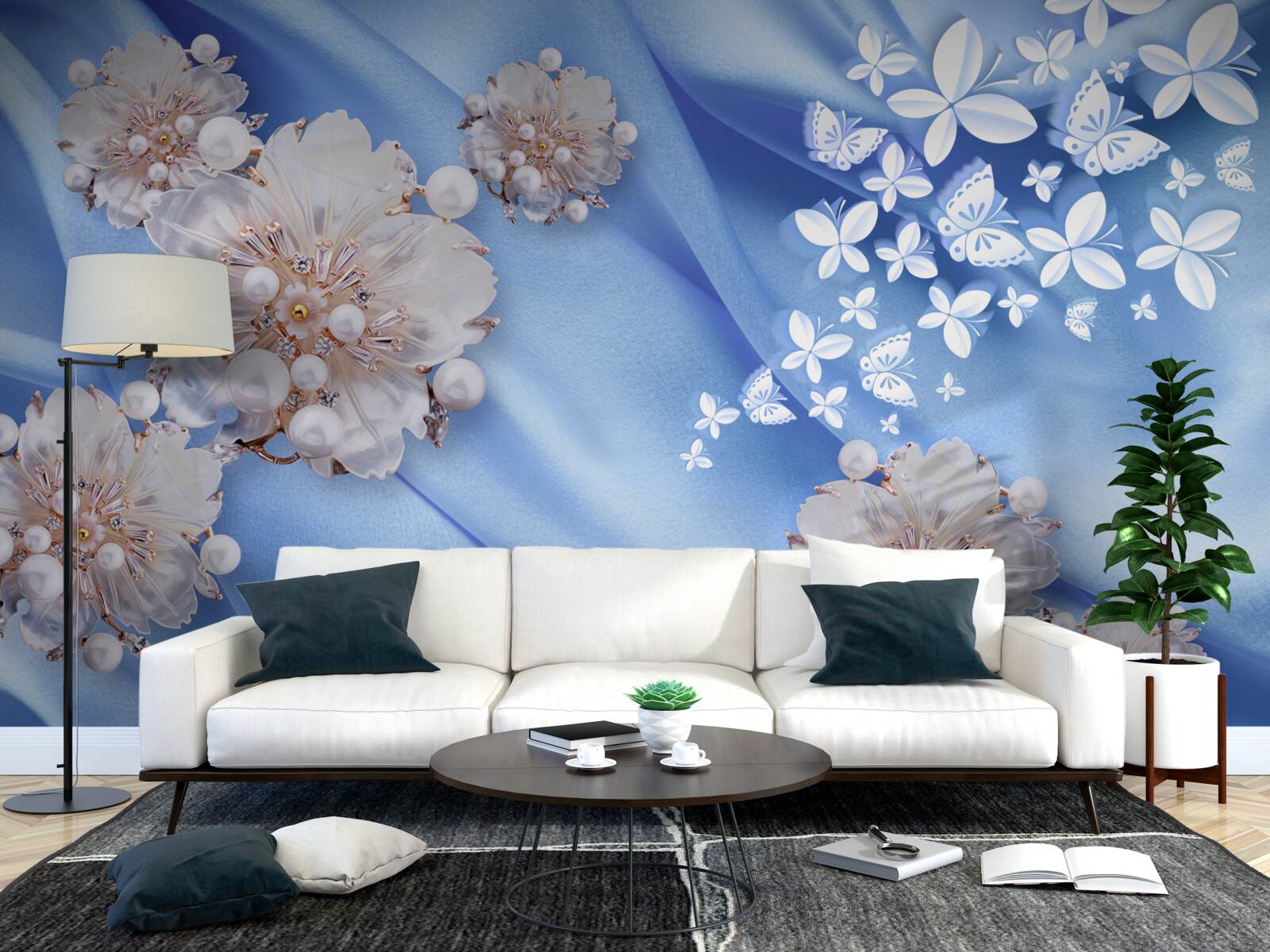 Fototapeta biele motýle a kvety na modrom hodvábe