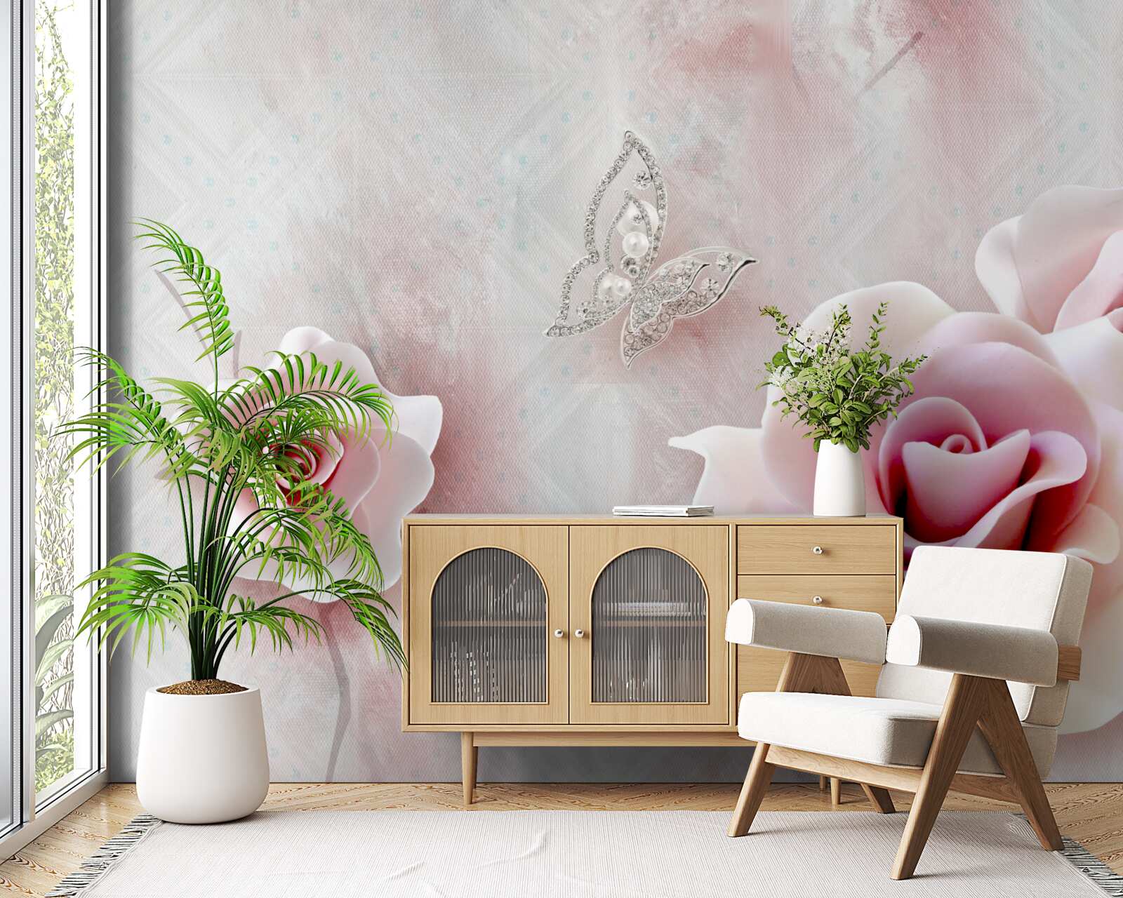 Fototapeta motýle a ružové púčiky ruží