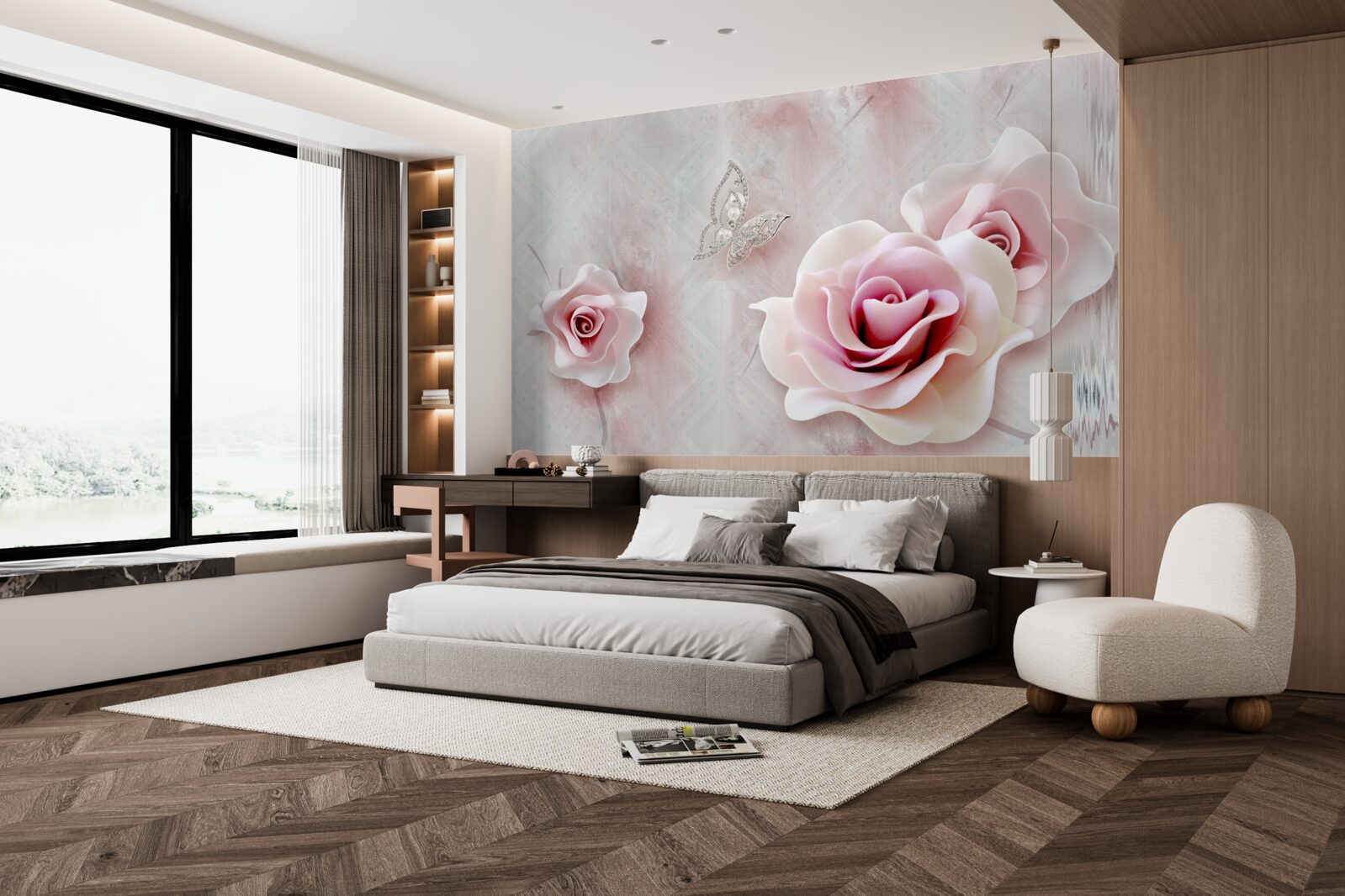 Fototapeta motýle a ružové púčiky ruží