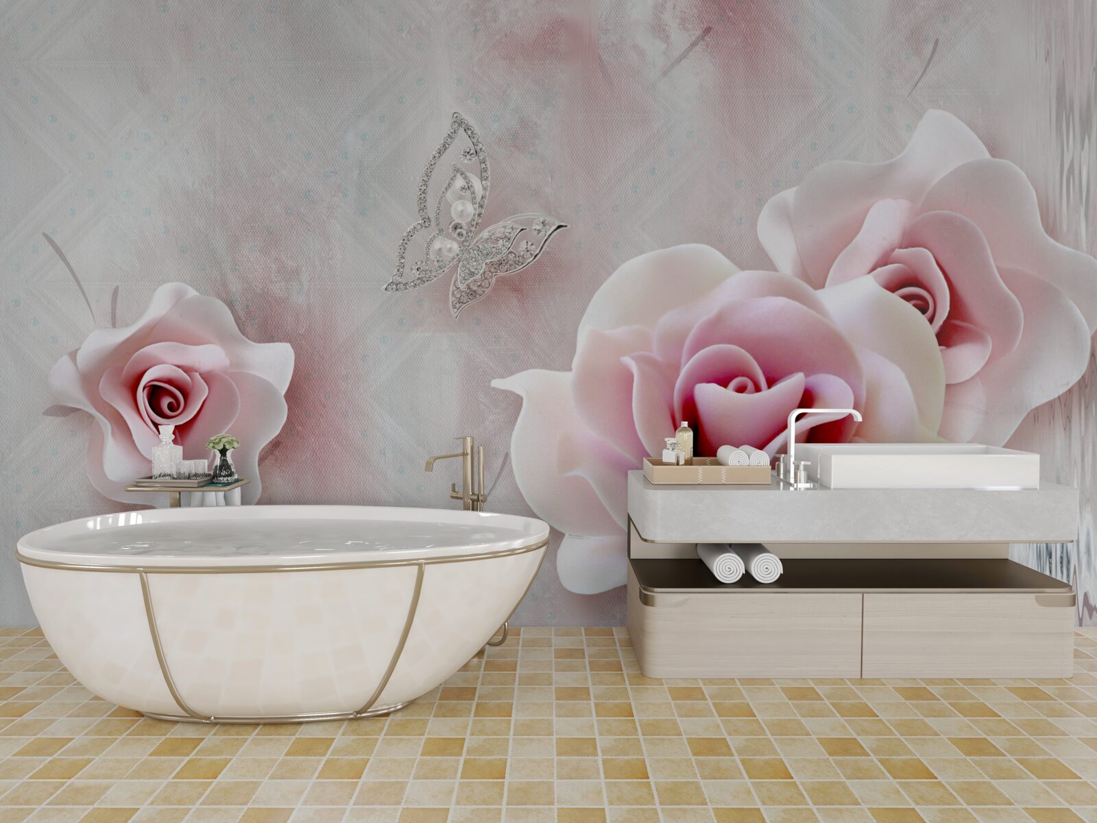 Fototapeta motýle a ružové púčiky ruží