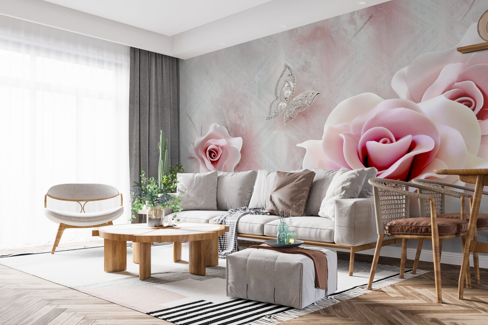 Fototapeta motýle a ružové púčiky ruží