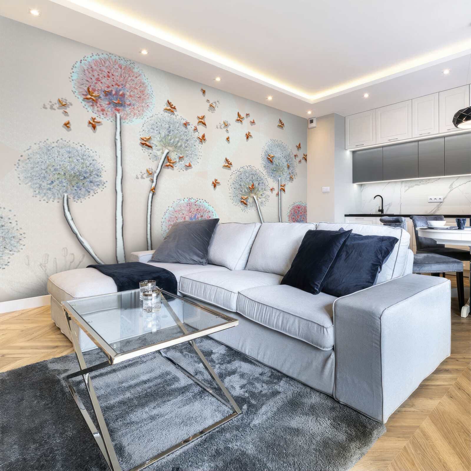 Fototapeta pole púpav je pokryté letom motýľov