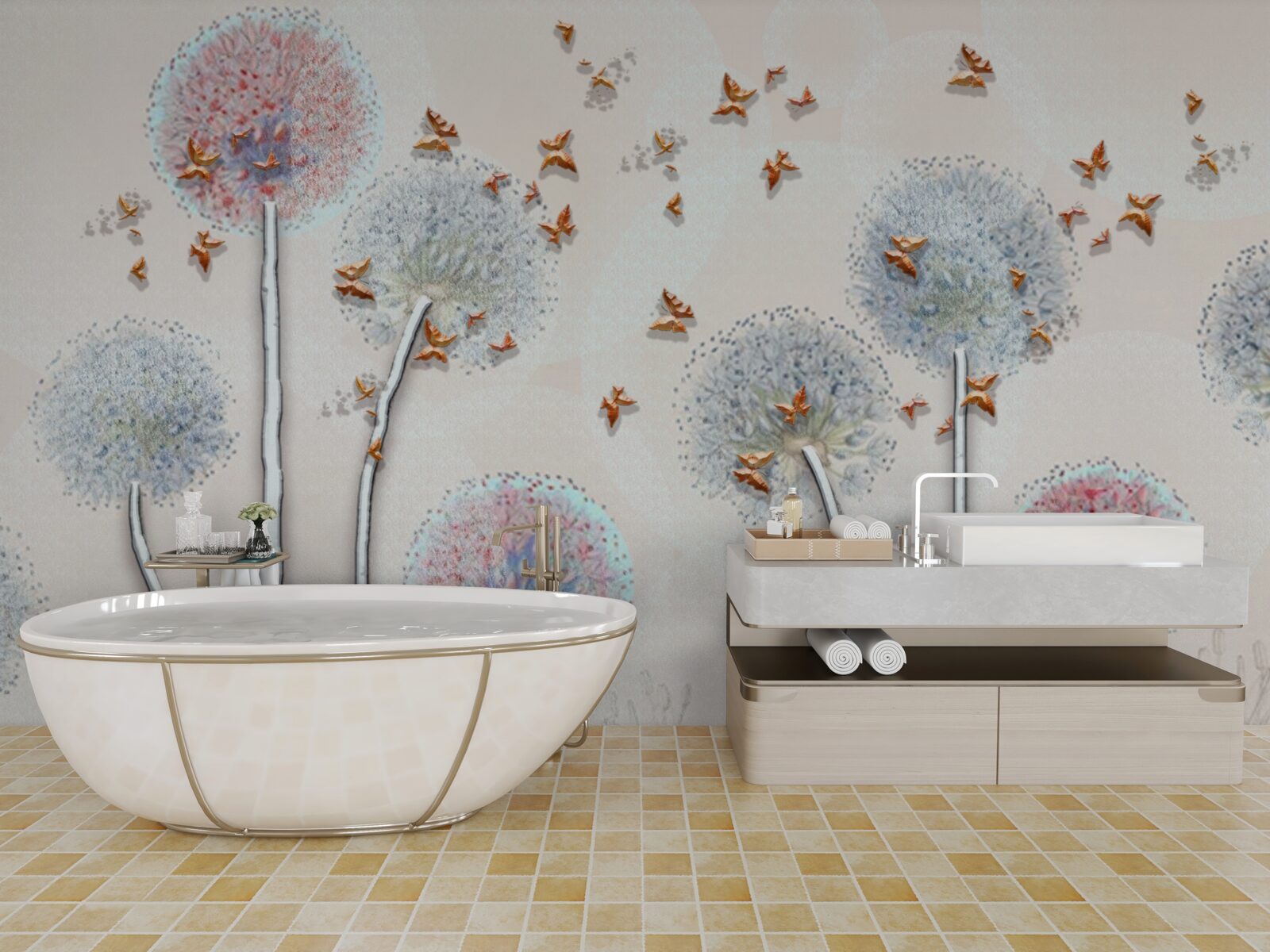 Fototapeta pole púpav je pokryté letom motýľov