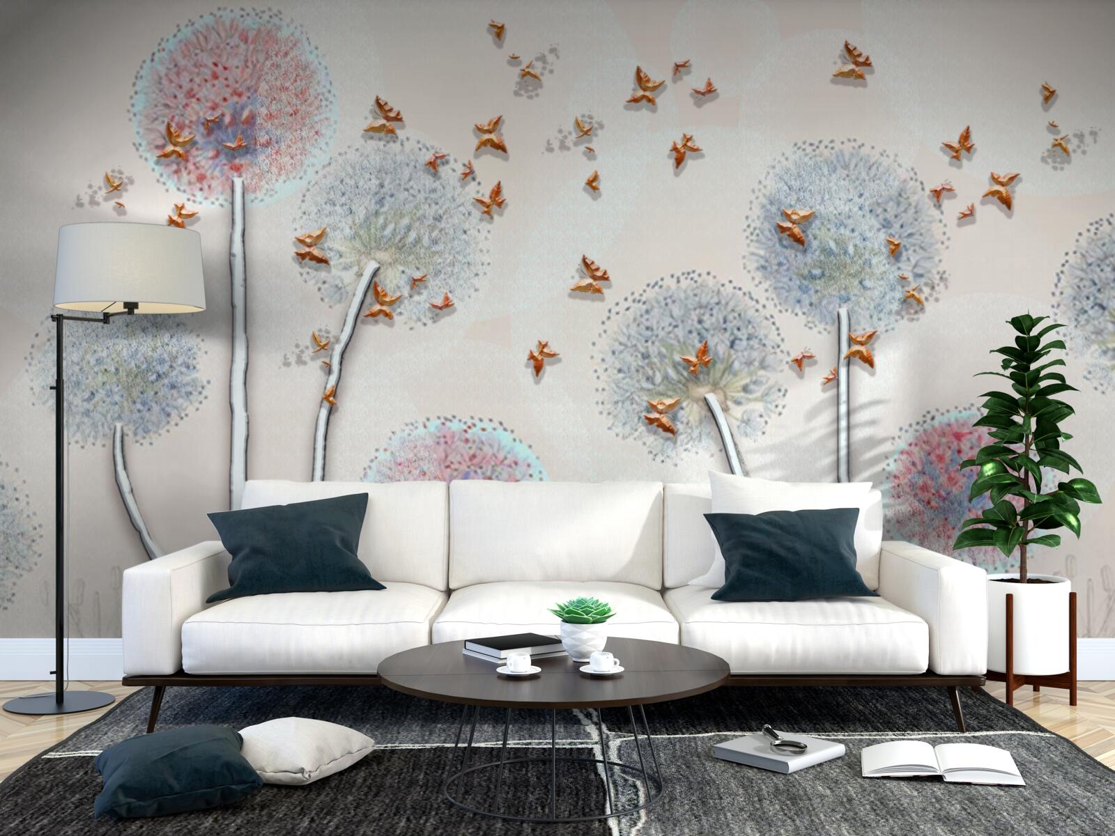 Fototapeta pole púpav je pokryté letom motýľov