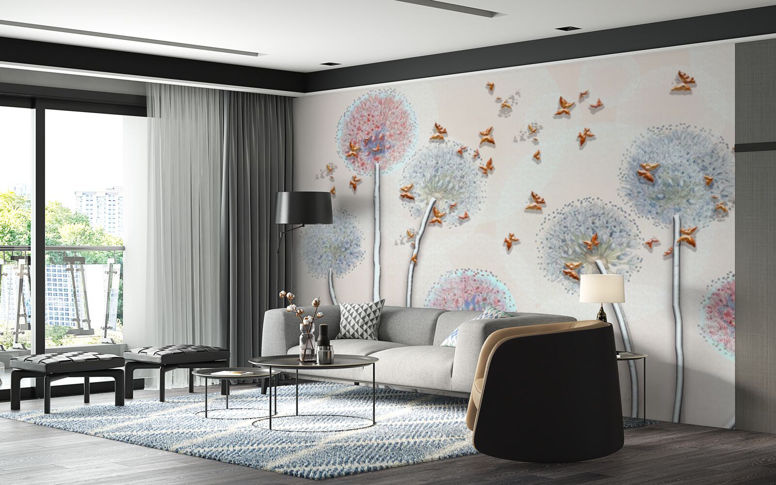 Fototapeta pole púpav je pokryté letom motýľov