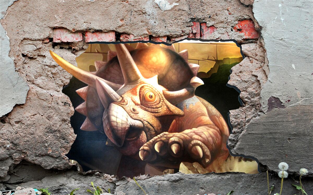 Fototapeta dinosaurus prekoná prekážku v podobe kamennej steny