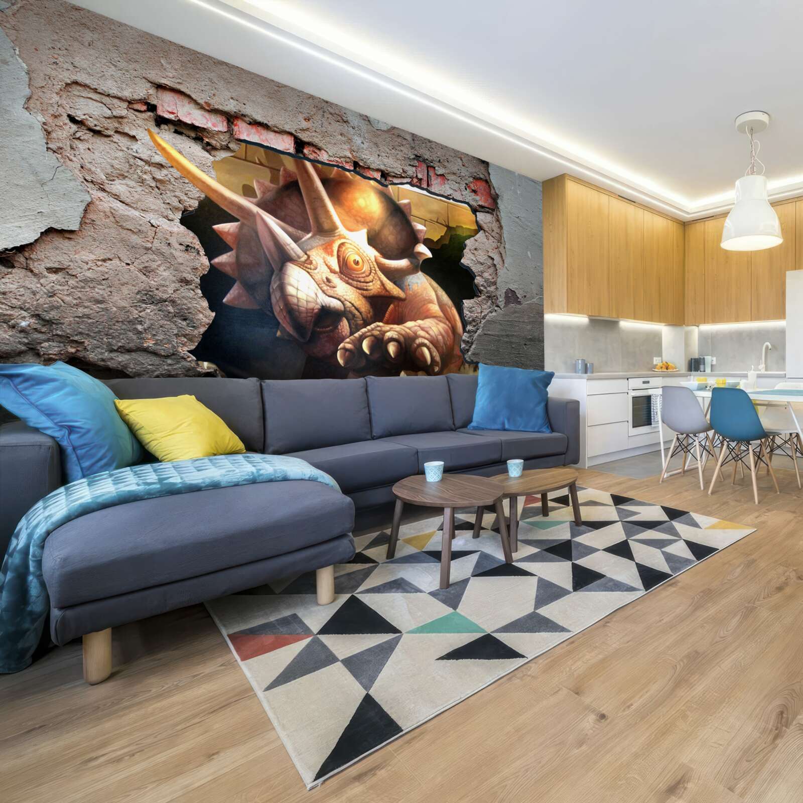 Fototapeta dinosaurus prekoná prekážku v podobe kamennej steny