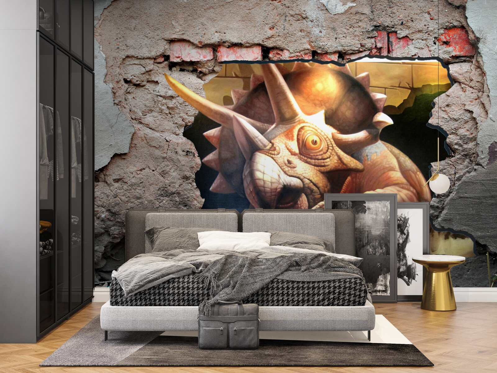 Fototapeta dinosaurus prekoná prekážku v podobe kamennej steny