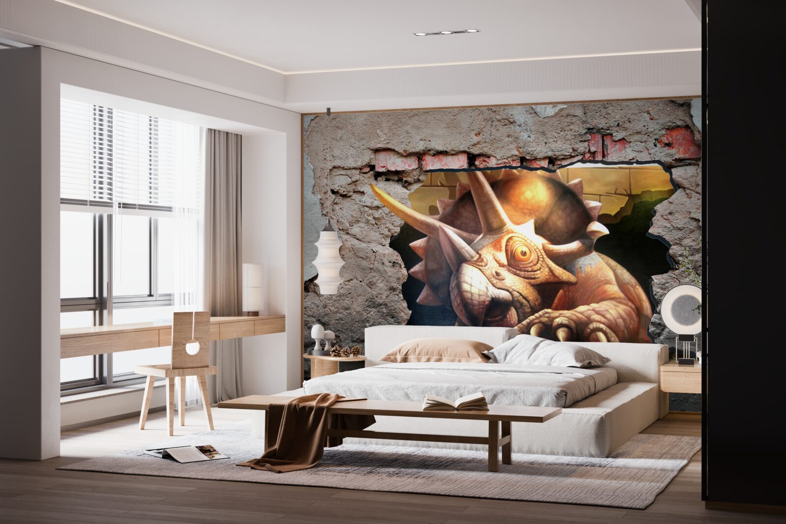 Fototapeta dinosaurus prekoná prekážku v podobe kamennej steny