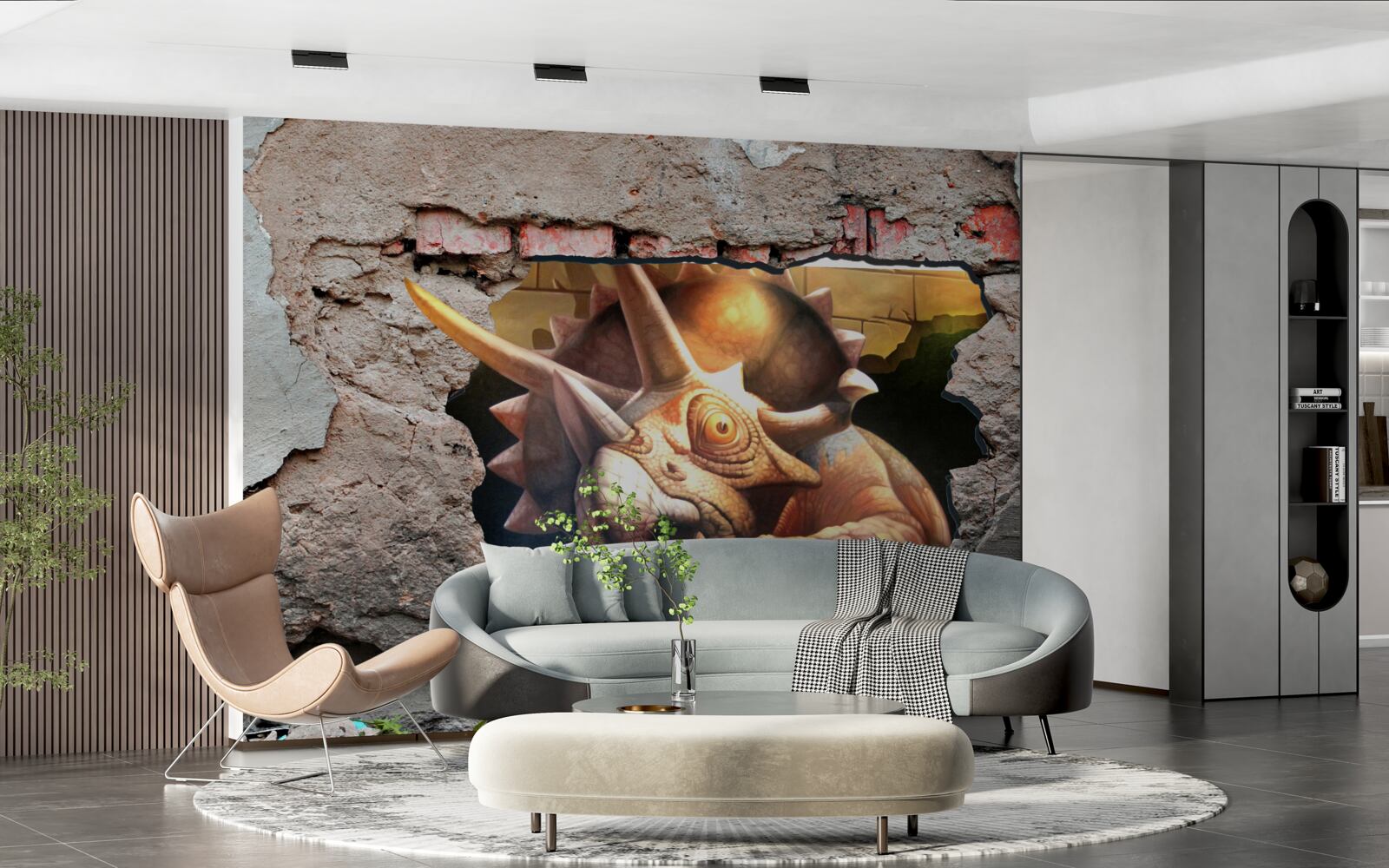 Fototapeta dinosaurus prekoná prekážku v podobe kamennej steny