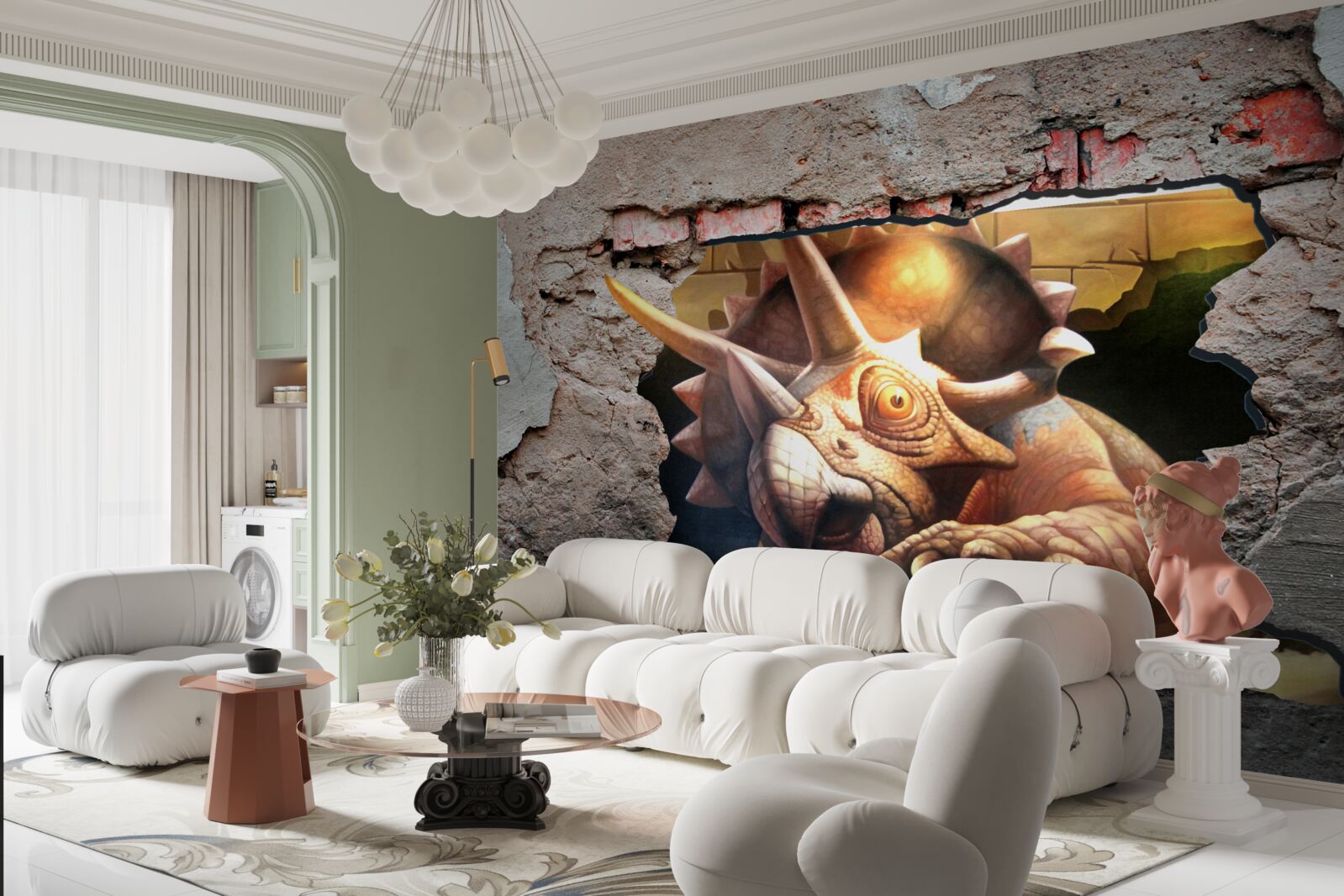 Fototapeta dinosaurus prekoná prekážku v podobe kamennej steny