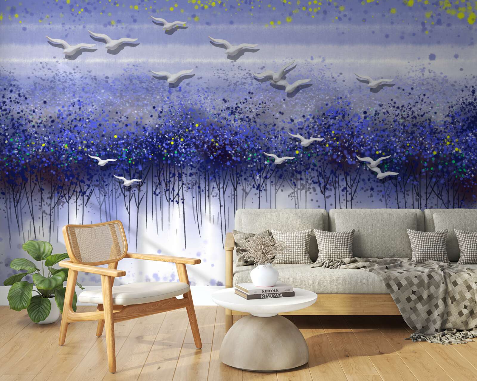 Fototapeta kŕdeľ vtákov na oblohe nad lesom a jazerom, ponorený do súmraku