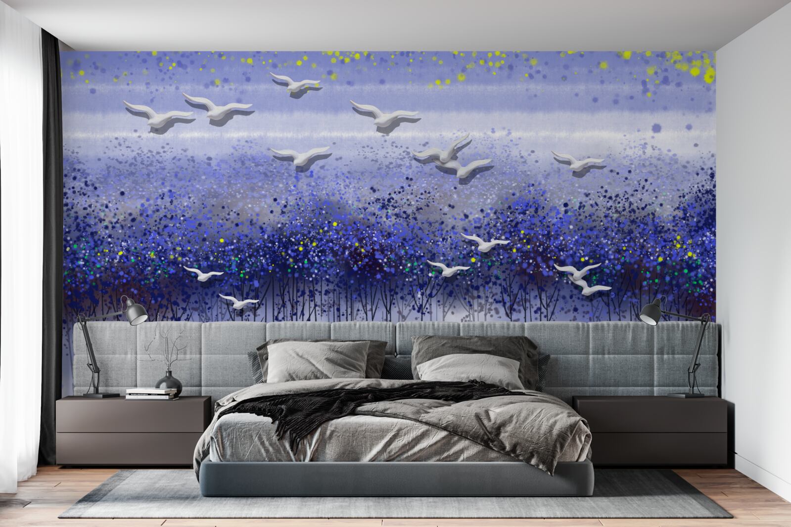 Fototapeta kŕdeľ vtákov na oblohe nad lesom a jazerom, ponorený do súmraku