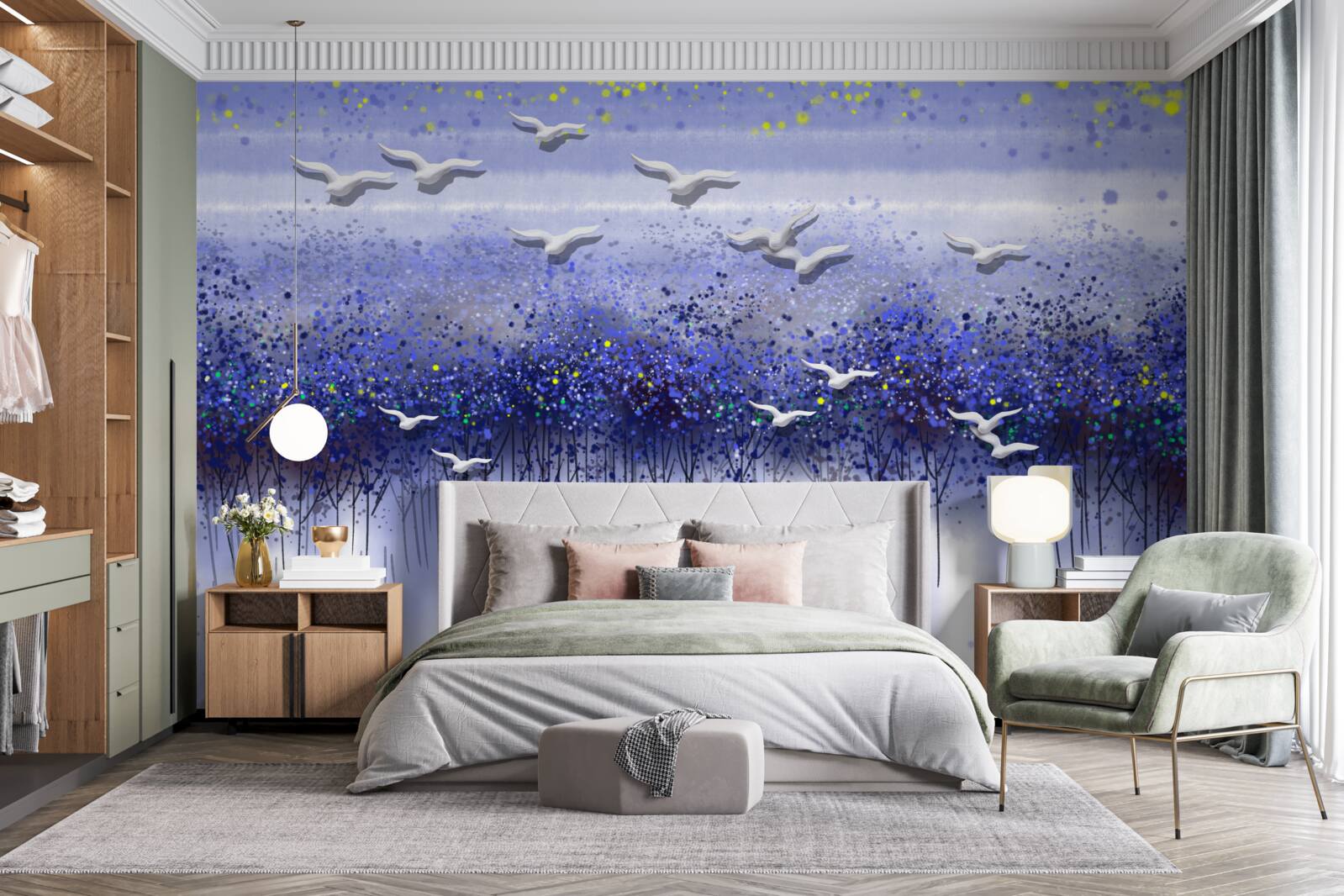 Fototapeta kŕdeľ vtákov na oblohe nad lesom a jazerom, ponorený do súmraku