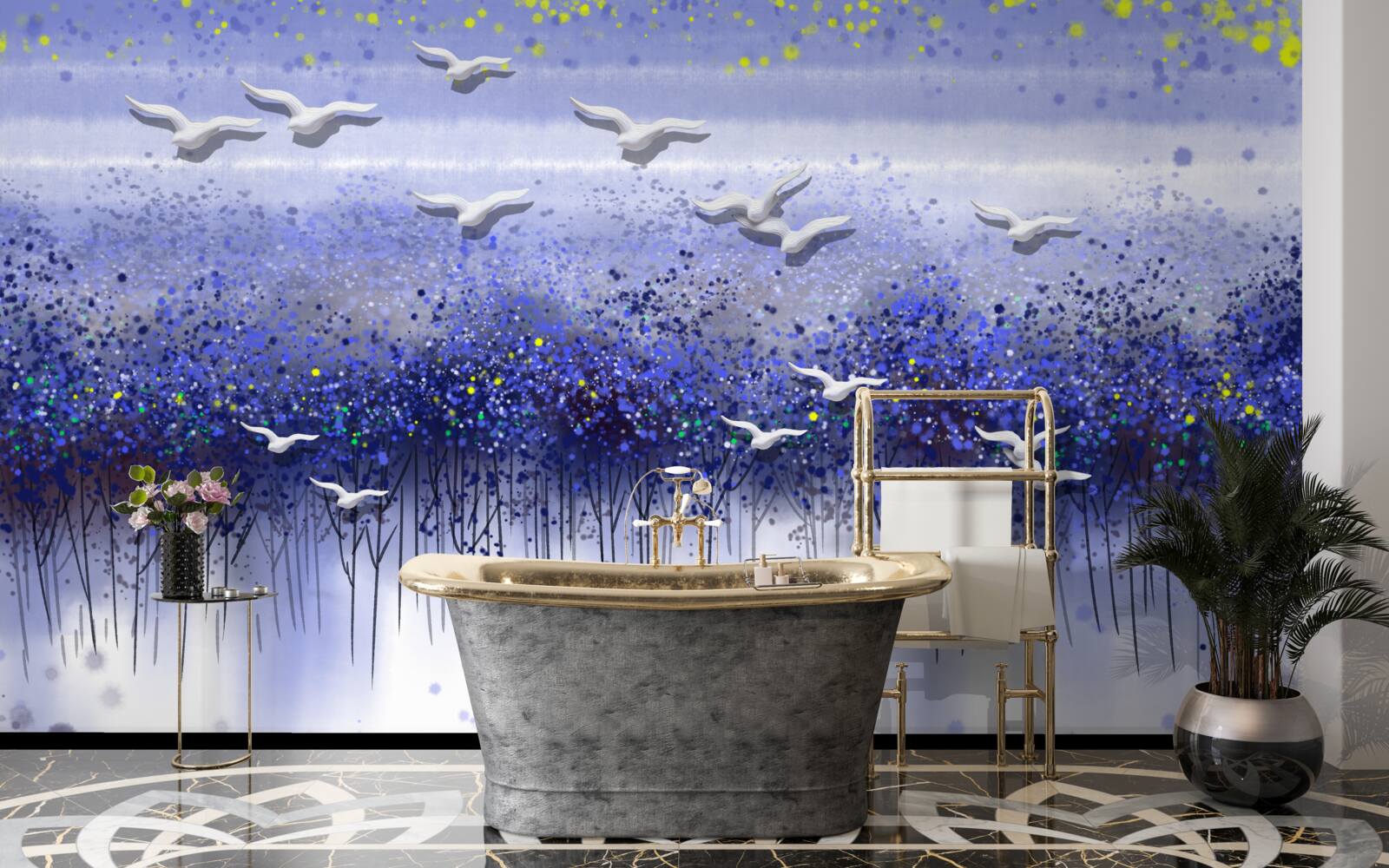 Fototapeta kŕdeľ vtákov na oblohe nad lesom a jazerom, ponorený do súmraku