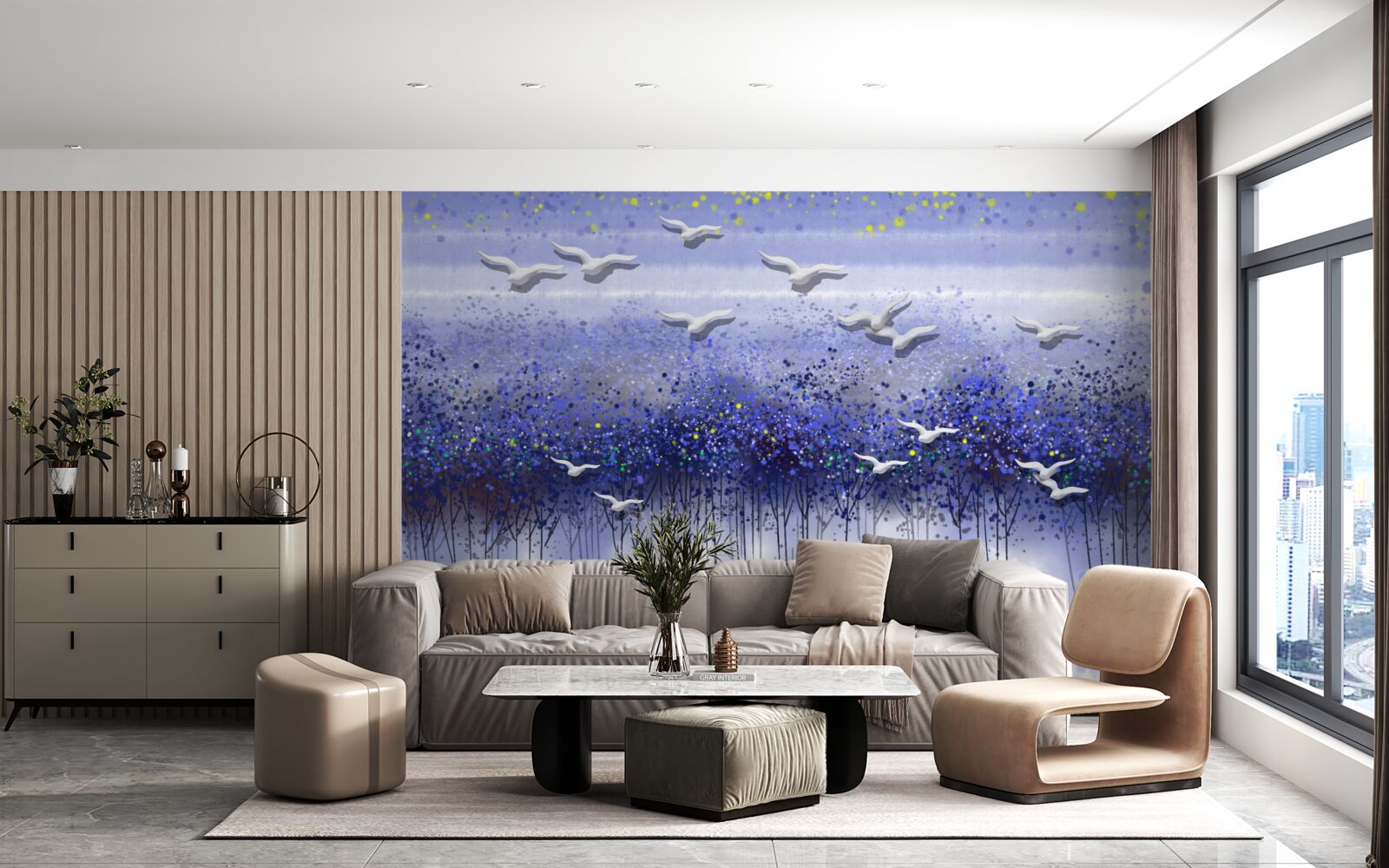 Fototapeta kŕdeľ vtákov na oblohe nad lesom a jazerom, ponorený do súmraku