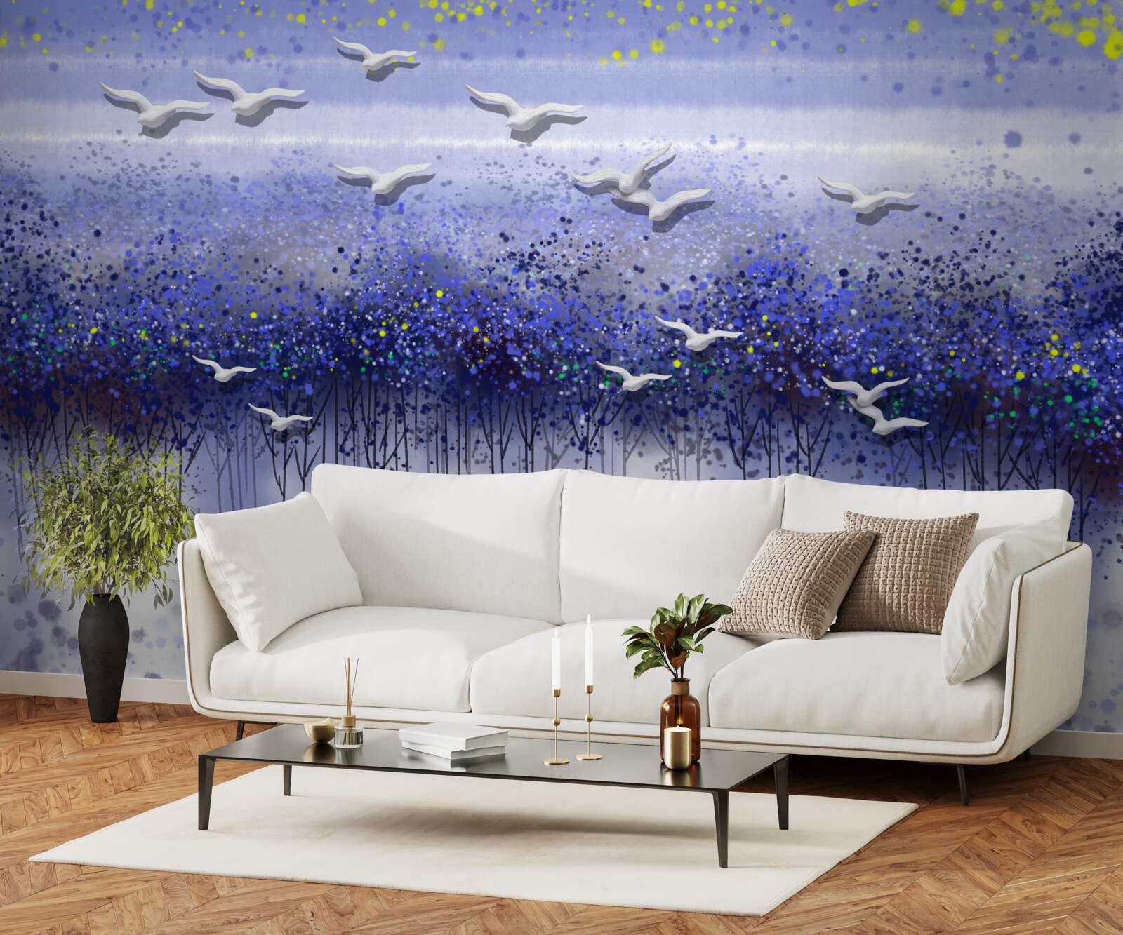 Fototapeta kŕdeľ vtákov na oblohe nad lesom a jazerom, ponorený do súmraku