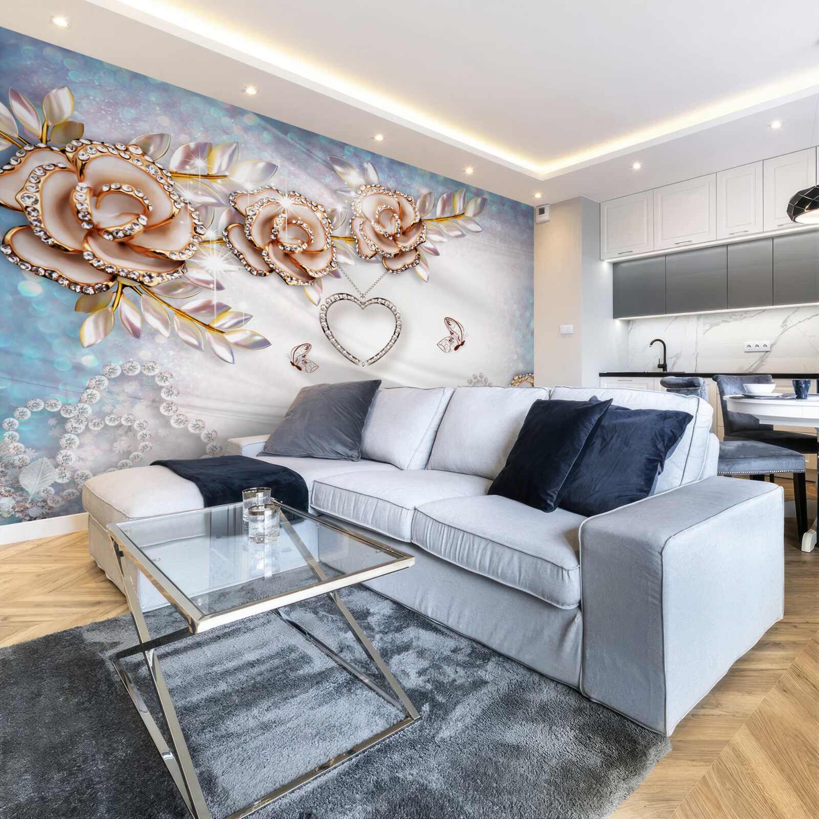 Fototapeta konáre kvetov žiariace zlatom a labute biele ako sneh