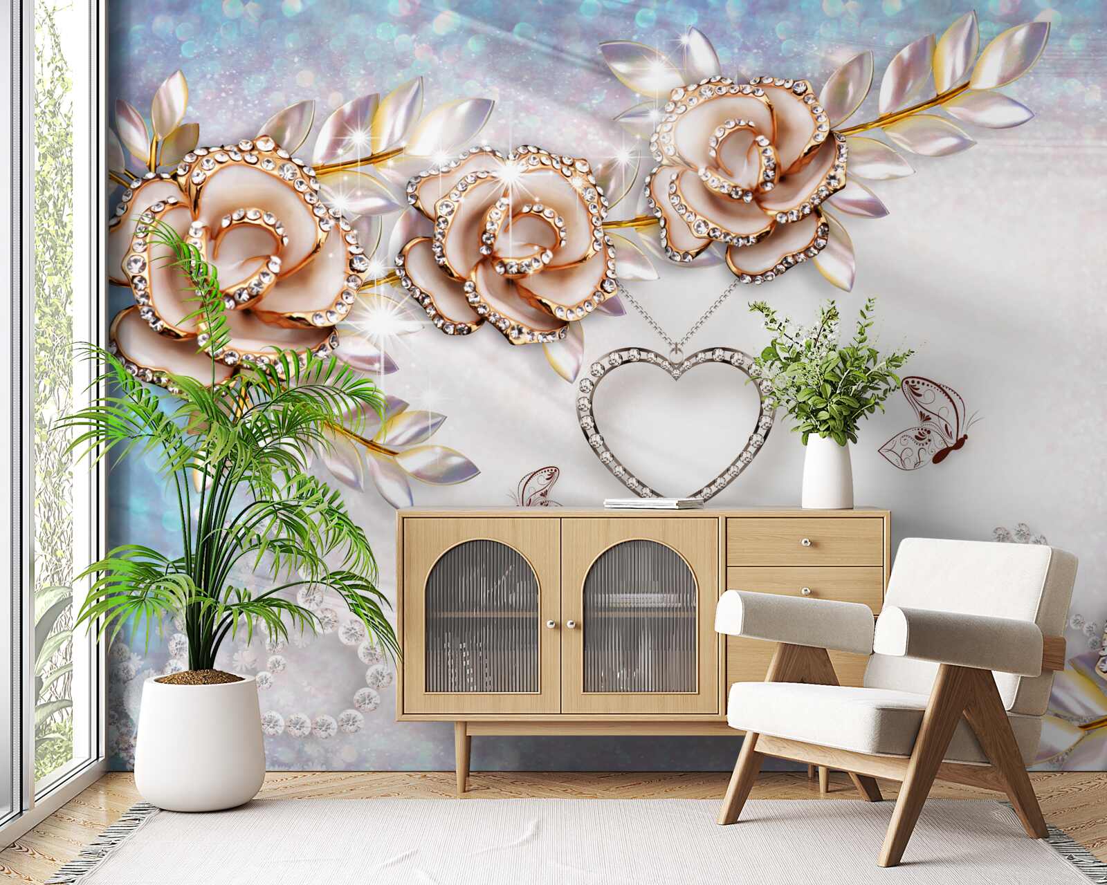 Fototapeta konáre kvetov žiariace zlatom a labute biele ako sneh