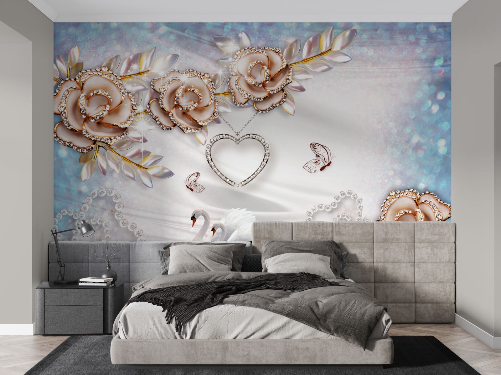 Fototapeta konáre kvetov žiariace zlatom a labute biele ako sneh