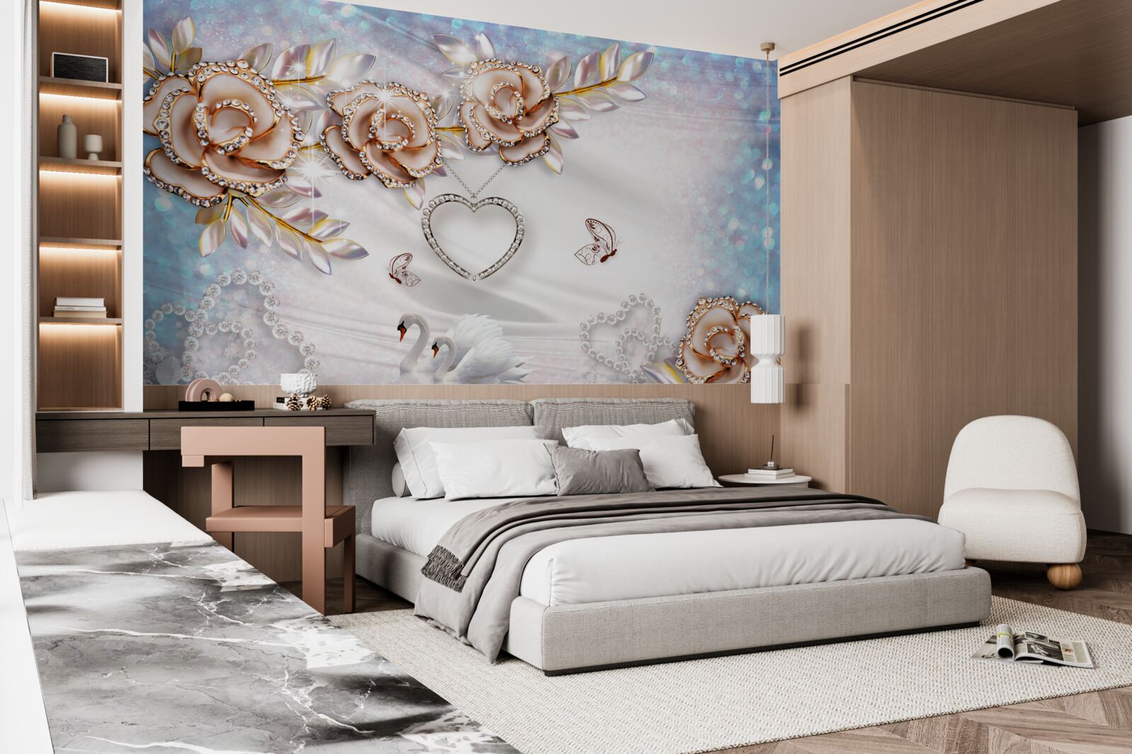 Fototapeta konáre kvetov žiariace zlatom a labute biele ako sneh