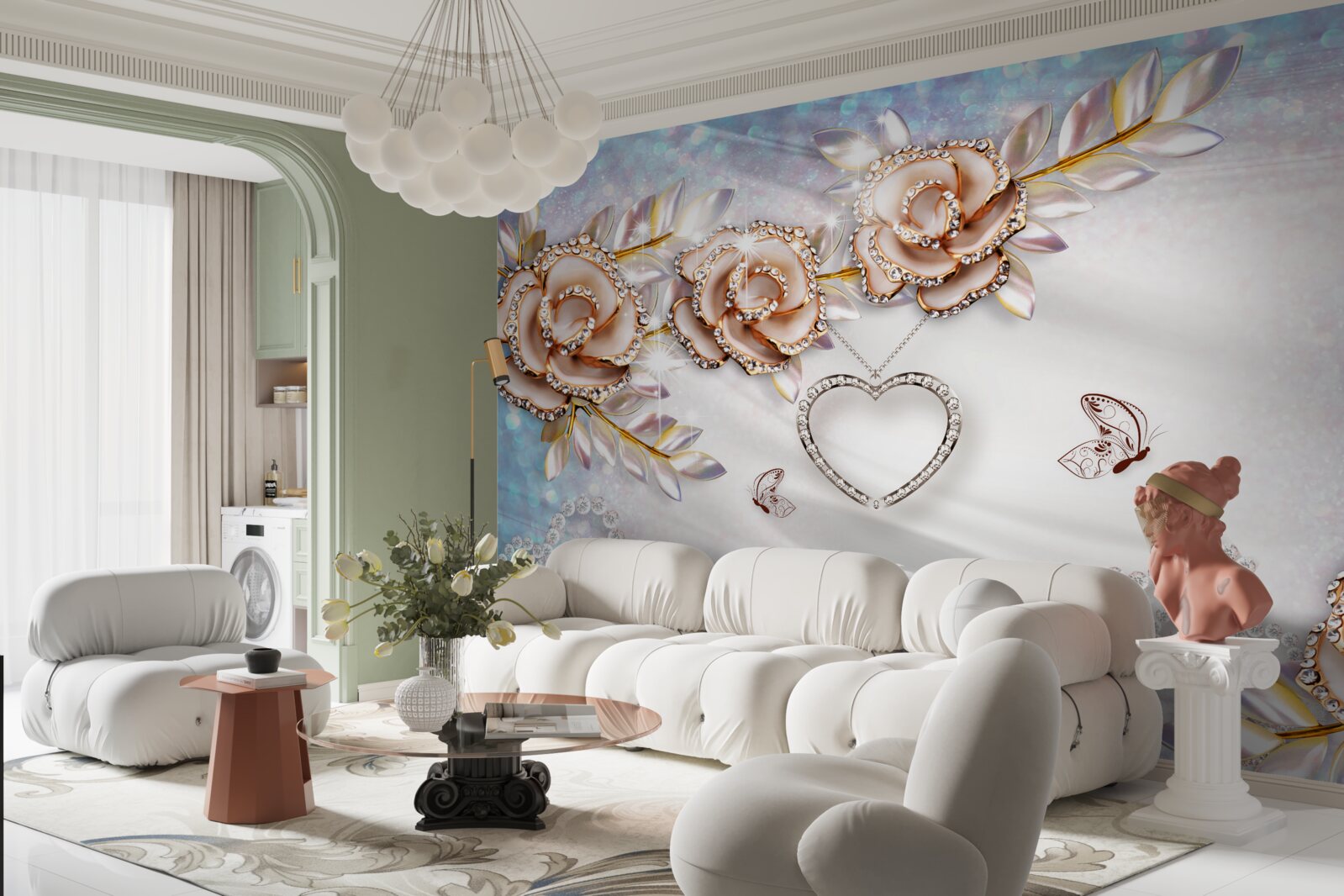 Fototapeta konáre kvetov žiariace zlatom a labute biele ako sneh