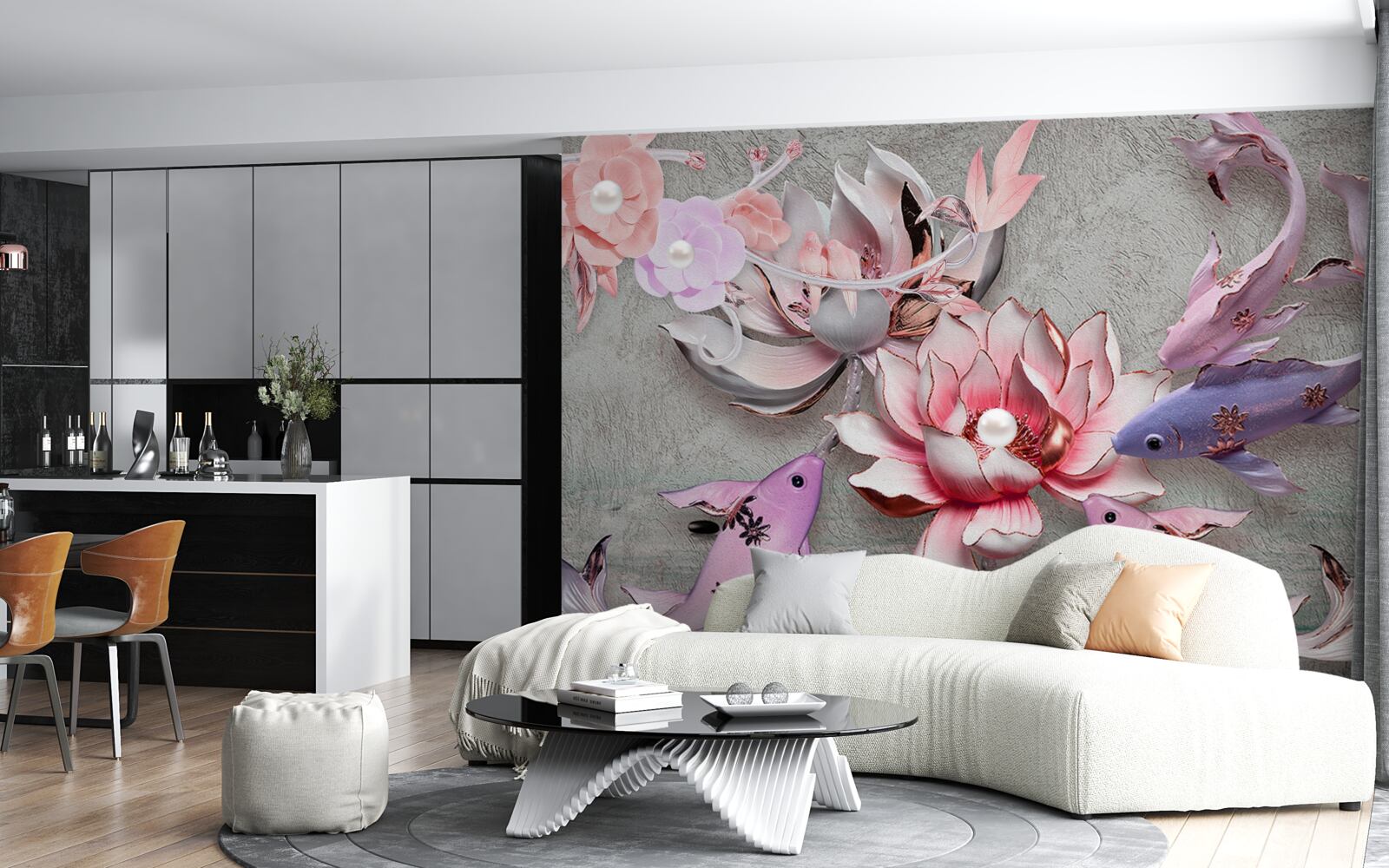 Fototapeta jazerná scéna s lotosmi a rybami