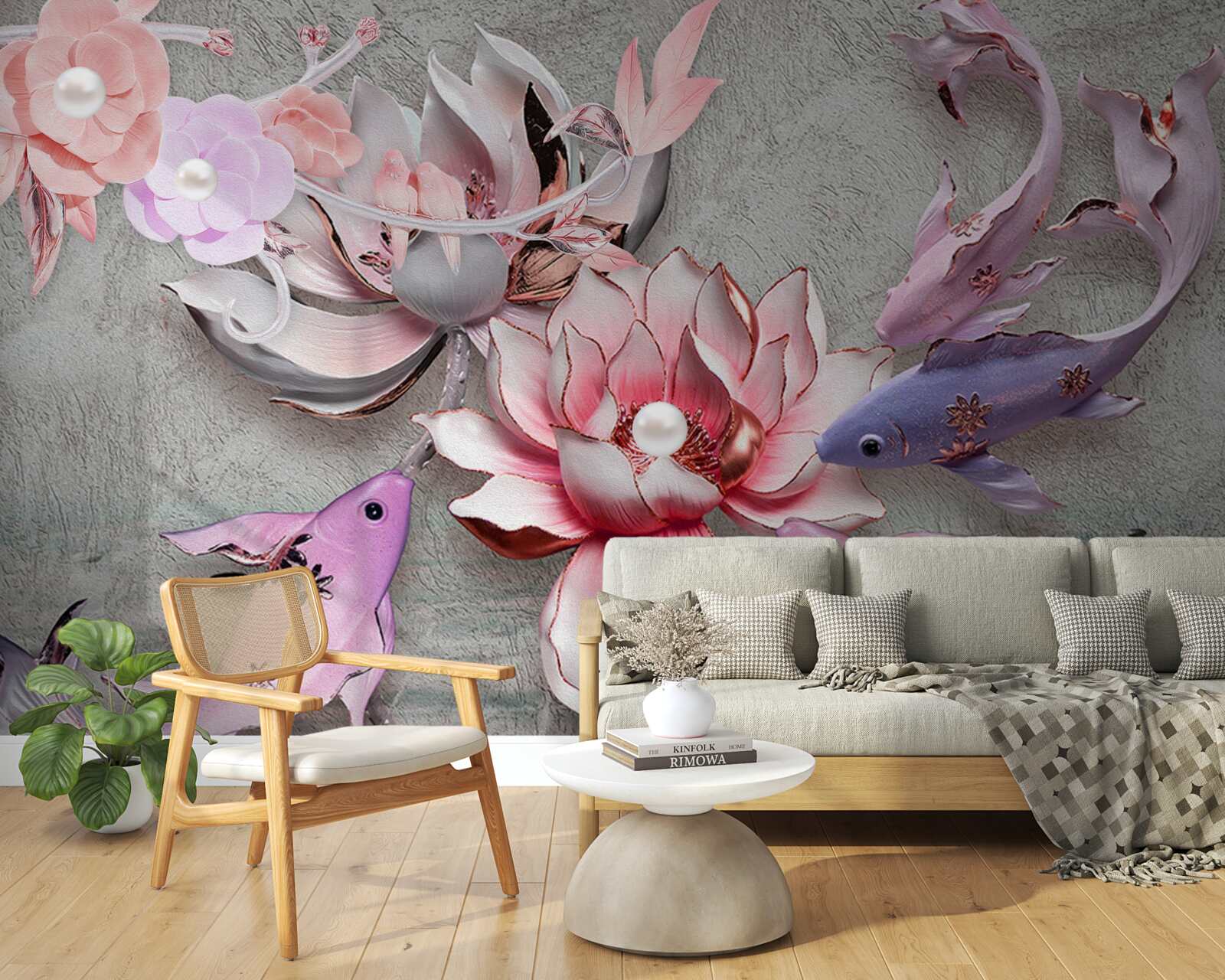 Fototapeta jazerná scéna s lotosmi a rybami