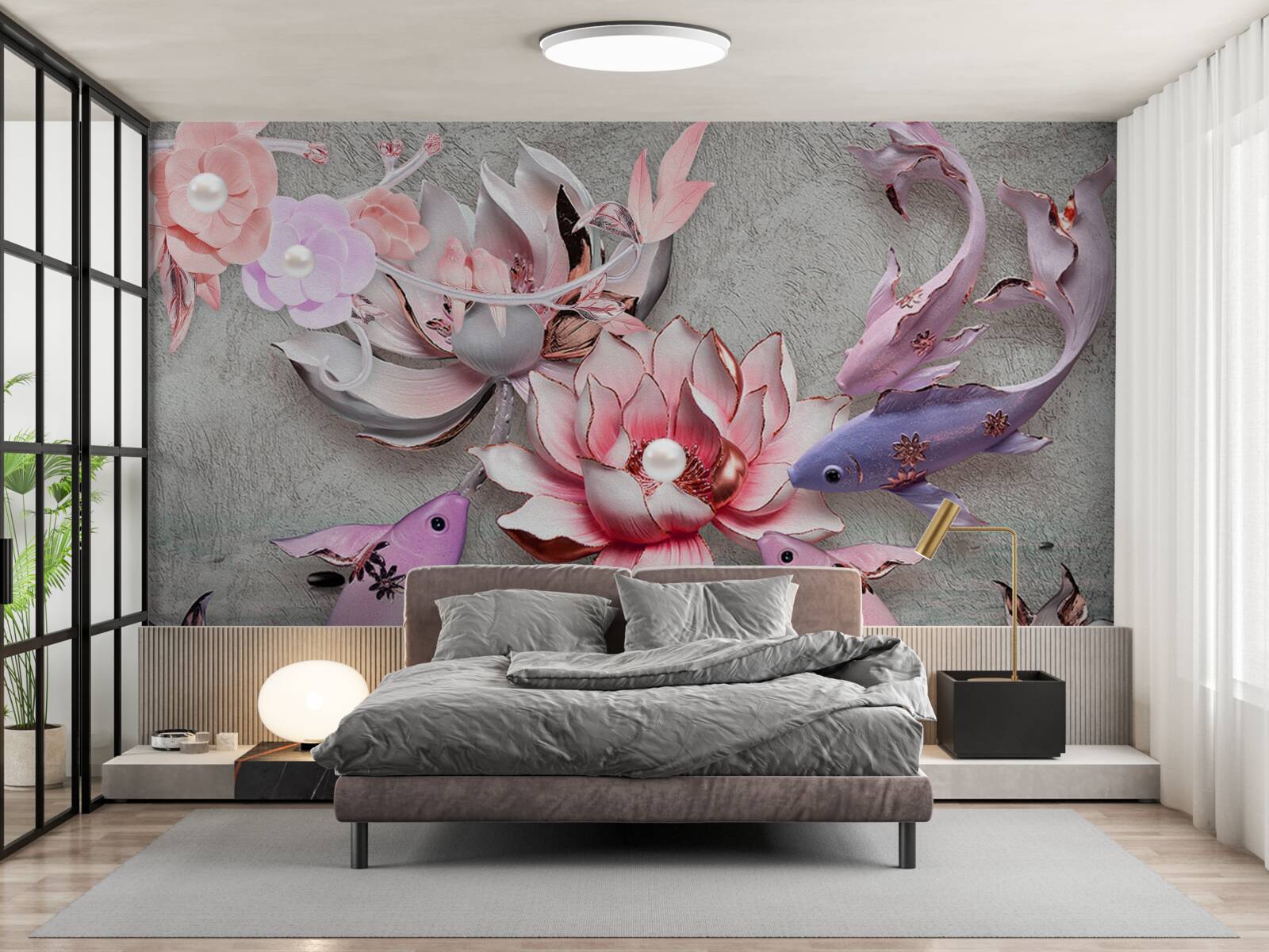 Fototapeta jazerná scéna s lotosmi a rybami