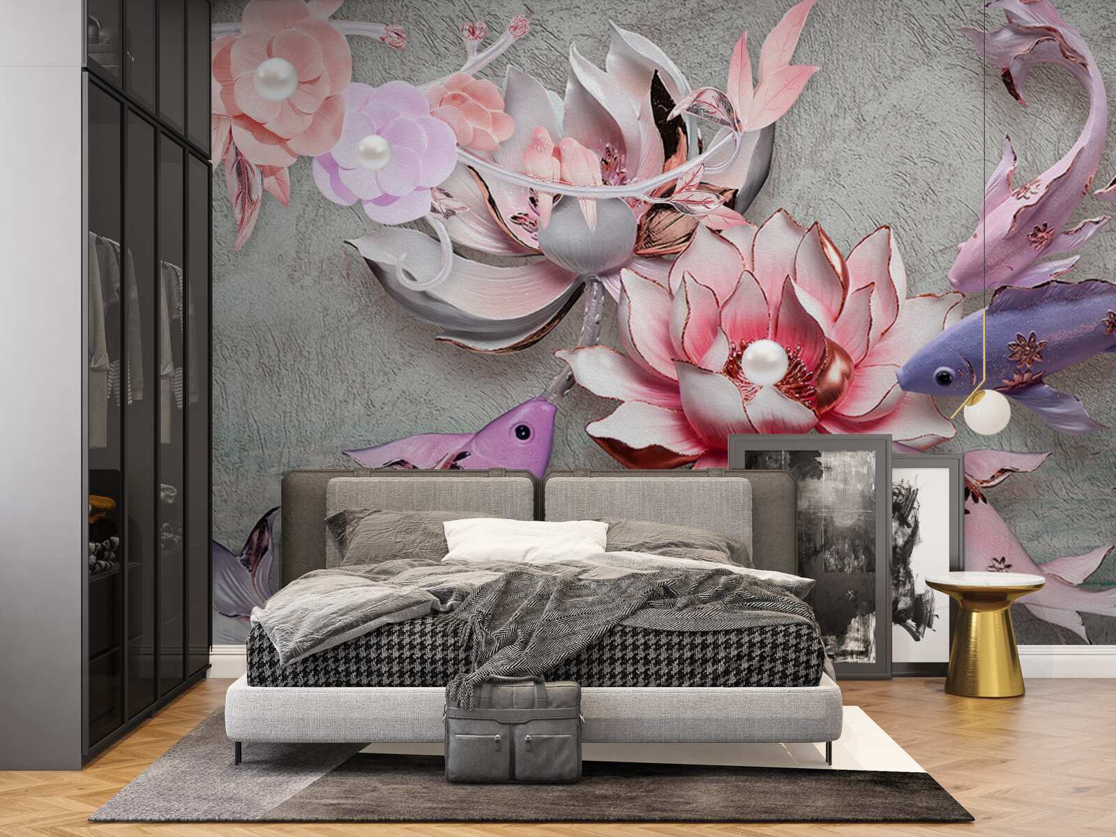 Fototapeta jazerná scéna s lotosmi a rybami