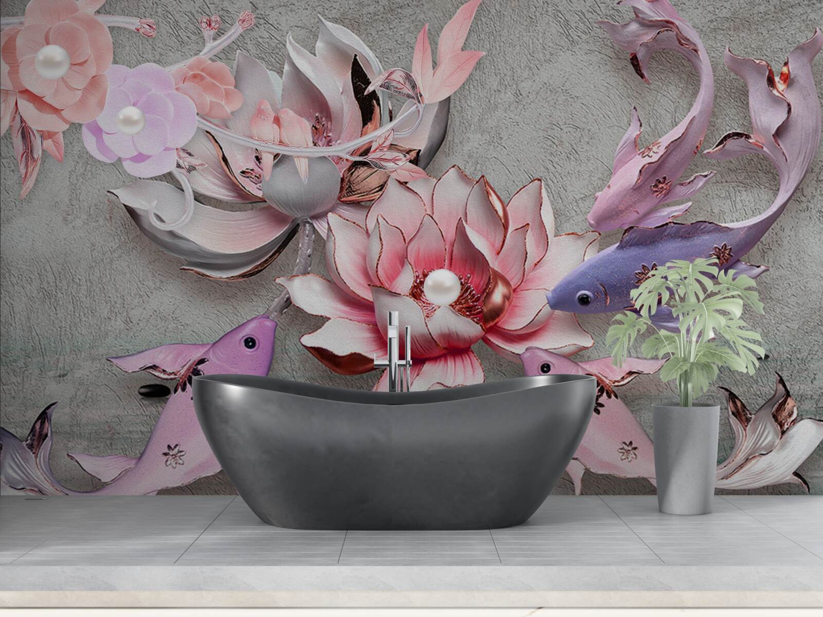 Fototapeta jazerná scéna s lotosmi a rybami