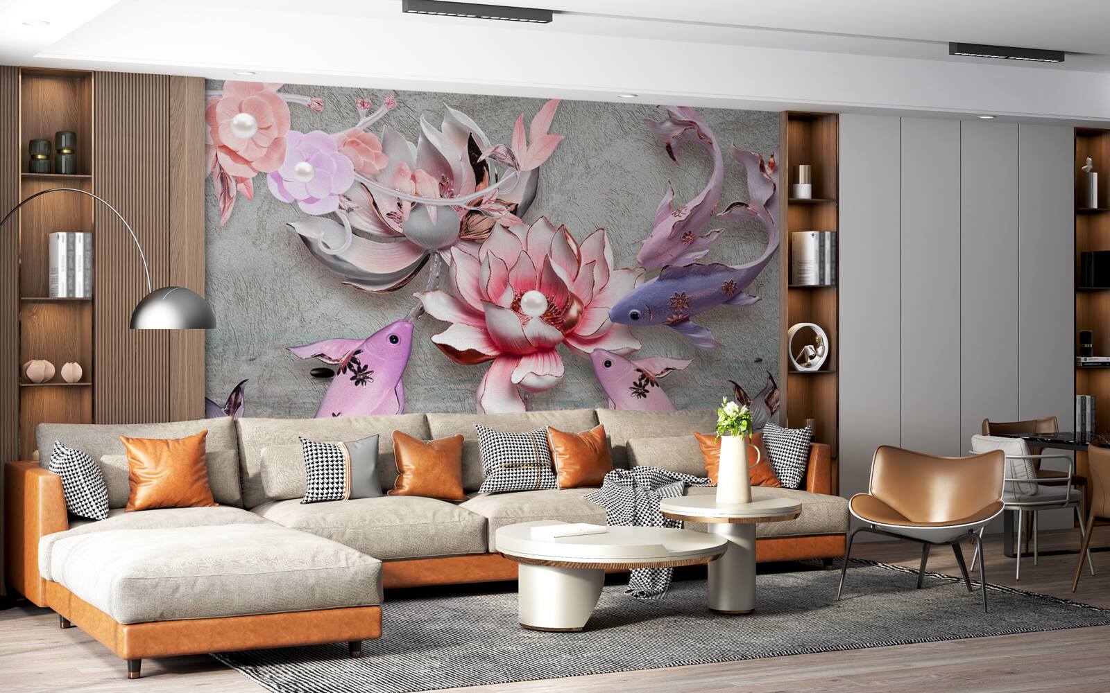 Fototapeta jazerná scéna s lotosmi a rybami