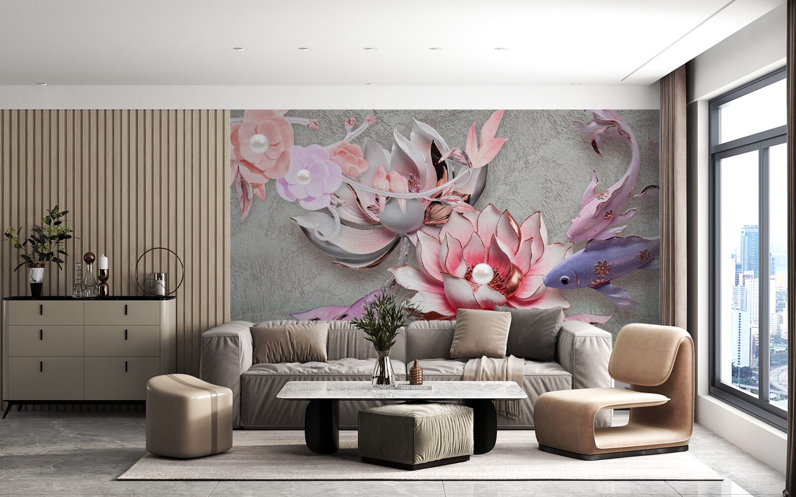 Fototapeta jazerná scéna s lotosmi a rybami