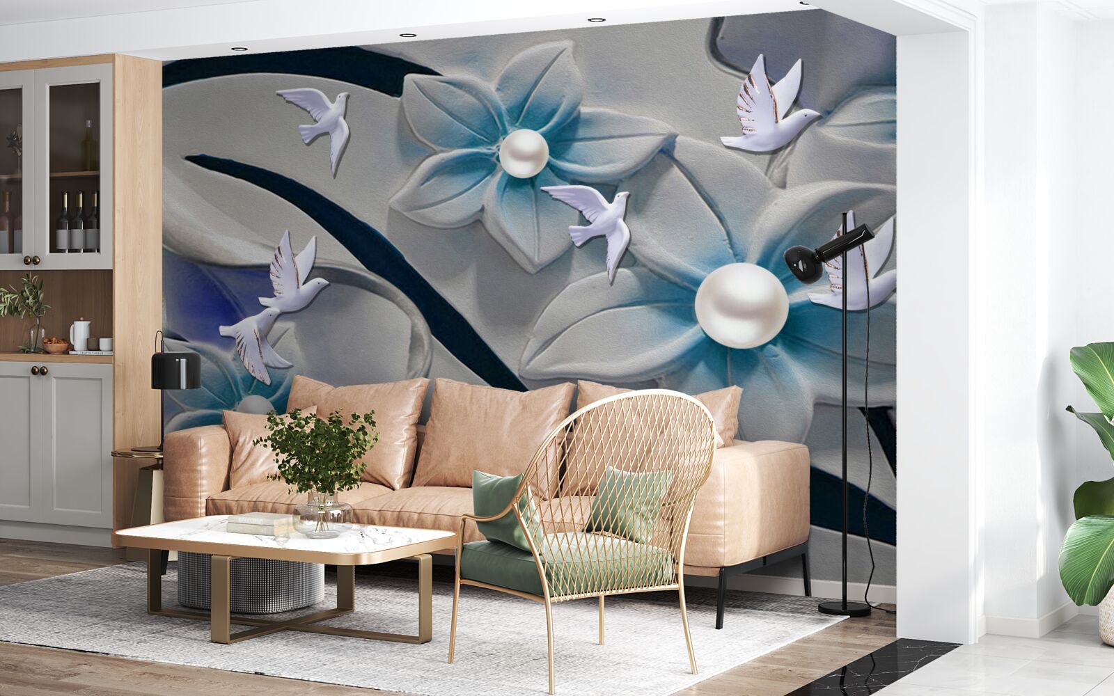 Fototapeta snehobiele kvety s perličkami, zdobené motýľmi