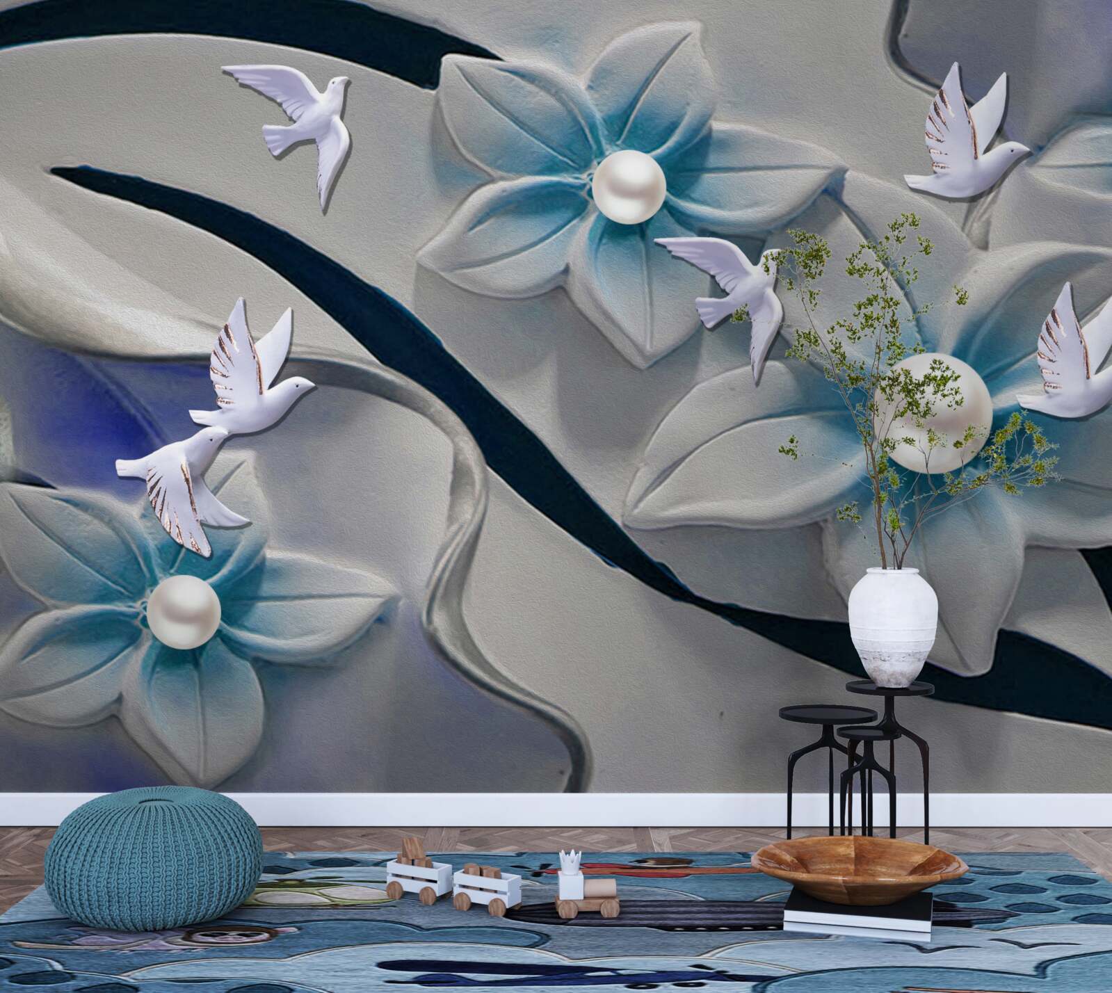 Fototapeta snehobiele kvety s perličkami, zdobené motýľmi