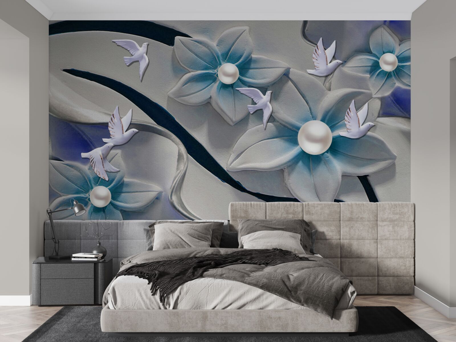 Fototapeta snehobiele kvety s perličkami, zdobené motýľmi