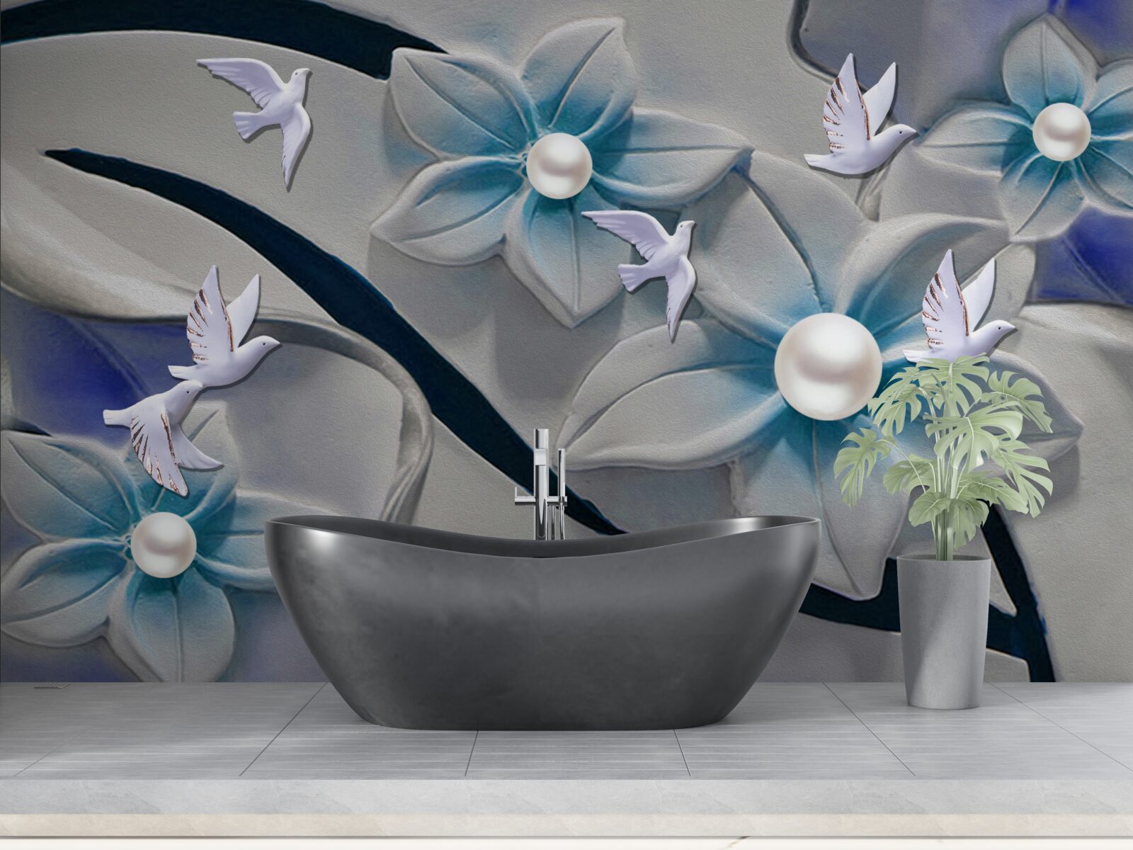 Fototapeta snehobiele kvety s perličkami, zdobené motýľmi