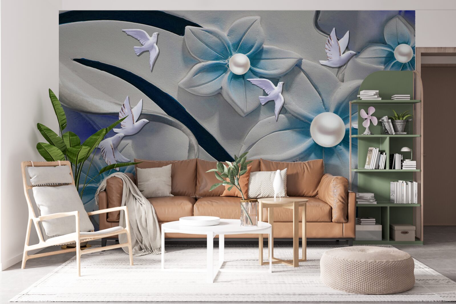 Fototapeta snehobiele kvety s perličkami, zdobené motýľmi