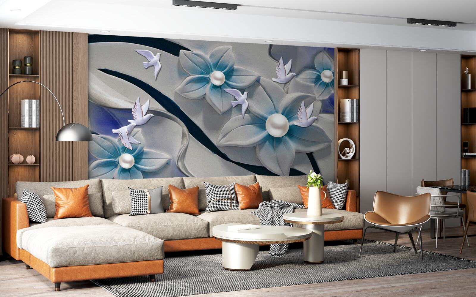 Fototapeta snehobiele kvety s perličkami, zdobené motýľmi